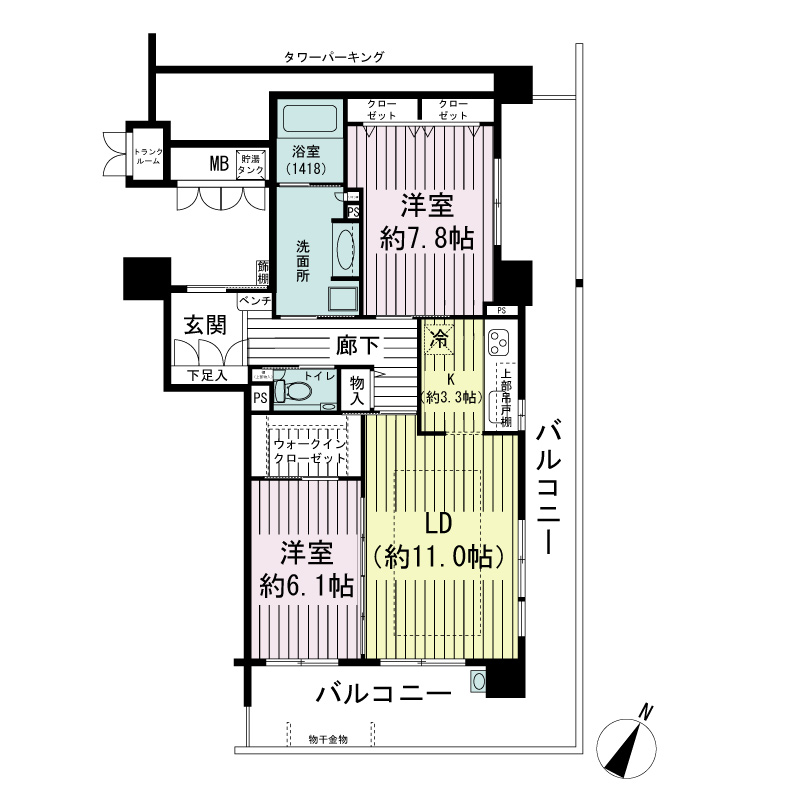 エルグレース神戸三宮タワーステージの間取り図 Gタイプ
全12邸
2LDK　専有面積73.91m2
バルコニー面積28.68m2
トランクルーム面積0.96m2