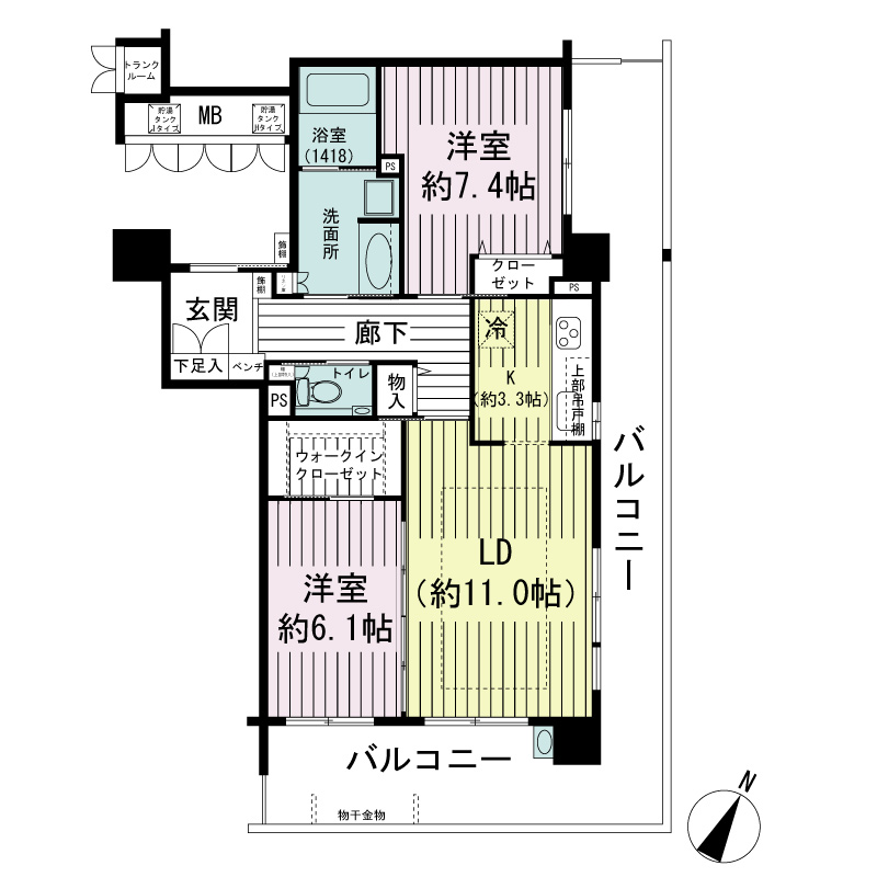 エルグレース神戸三宮タワーステージの間取り図 Hタイプ
全4邸
2LDK　専有面積70.49m2
バルコニー面積27.61m2
トランクルーム面積0.79m2