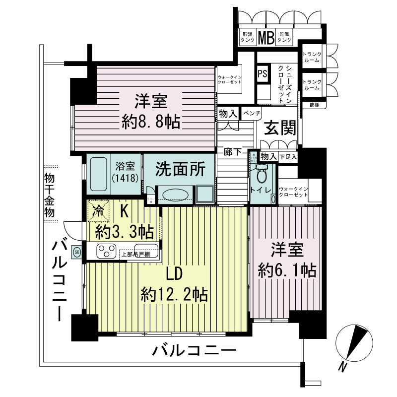エルグレース神戸三宮タワーステージの間取り図 Iタイプ
全4邸
2LDK　専有面積74.88m2
バルコニー面積22.06m2
トランクルーム面積0.80m2