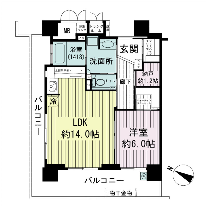 エルグレース神戸三宮タワーステージの間取り図 Jタイプ
全7邸
1LDK＋N　専有面積53.97m2
バルコニー面積21.52m2
トランクルーム面積0.80m2