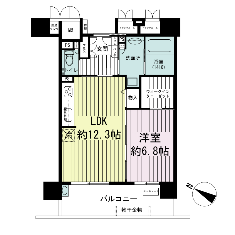 エルグレース神戸三宮タワーステージの間取り図 Kタイプ
全7邸
1LDK　専有面積50.06m2
バルコニー面積10.54m2
トランクルーム面積0.95m2