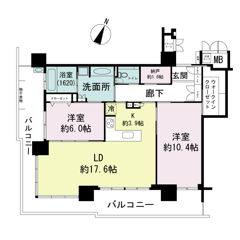 エルグレース神戸三宮タワーステージの間取り図 Lタイプ
全7邸
2LDK＋N　専有面積93.57m2
バルコニー面積29.81m2
トランクルーム面積1.57m2