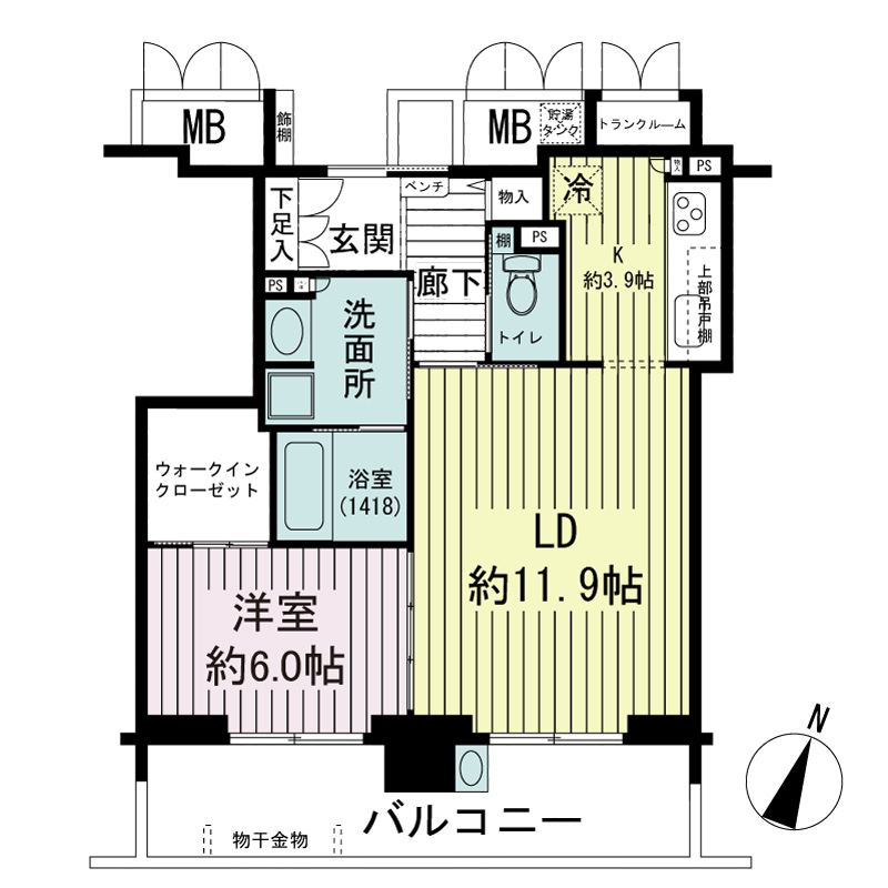エルグレース神戸三宮タワーステージの間取り図 Mタイプ
全7邸
1LDK　専有面積56.06m2
バルコニー面積12.75m2
トランクルーム面積1.20m2