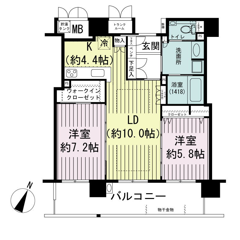 エルグレース神戸三宮タワーステージの間取り図 Nタイプ
全7邸
2LDK　専有面積66.69m2
バルコニー面積13.50m2
トランクルーム面積1.52m2