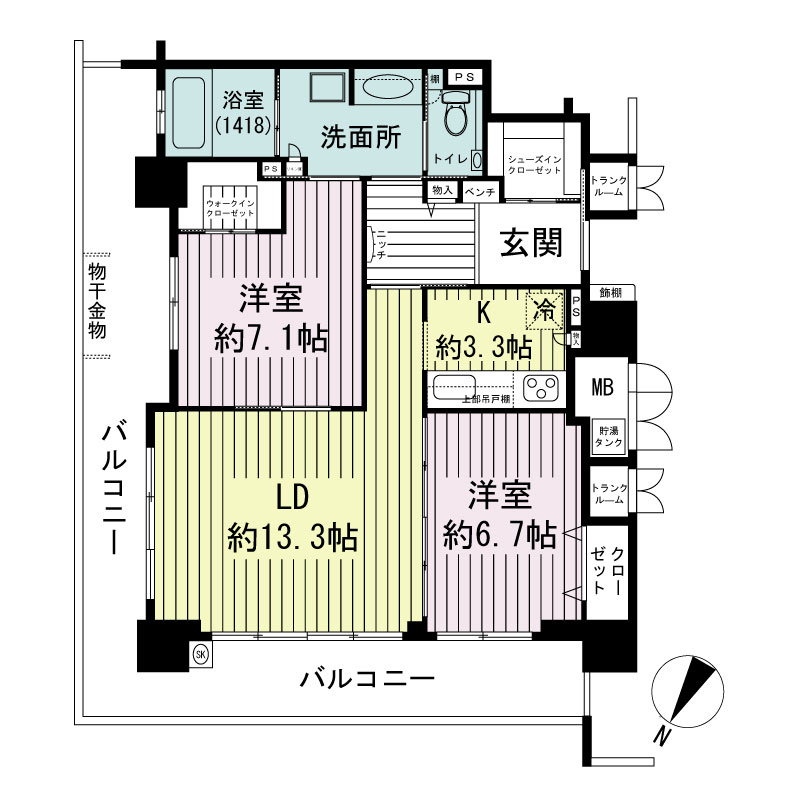 エルグレース神戸三宮タワーステージの間取り図 Pタイプ
全7邸
2LDK　専有面積74.89m2
バルコニー面積26.74m2
トランクルーム面積0.84m2