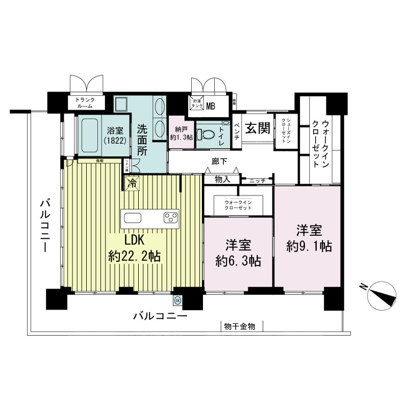 エルグレース神戸三宮タワーステージの間取り図 Qタイプ
全2邸
2LDK　専有面積106.16m2
バルコニー面積35.00m2
トランクルーム面積1.53m2