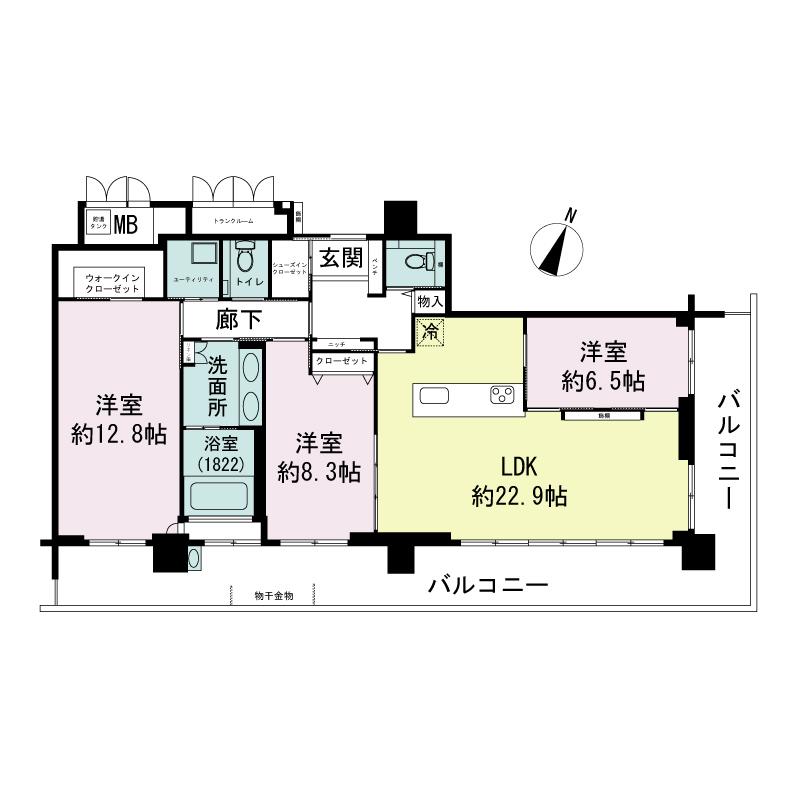 エルグレース神戸三宮タワーステージの間取り図 Sタイプ
全2邸
3LDK　専有面積121.17m2
バルコニー面積40.76m2
トランクルーム面積2.43m2