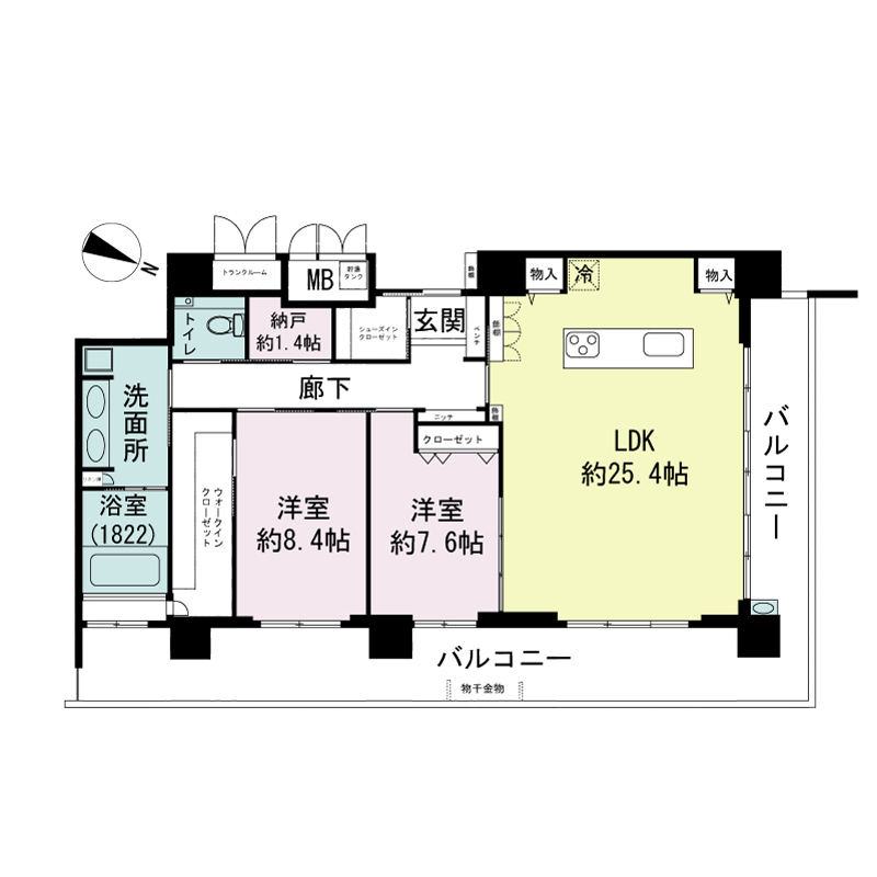 エルグレース神戸三宮タワーステージの間取り図 Tタイプ
全2邸
2LDK＋N　専有面積109.68m2
バルコニー面積36.68m2
トランクルーム面積1.91m2