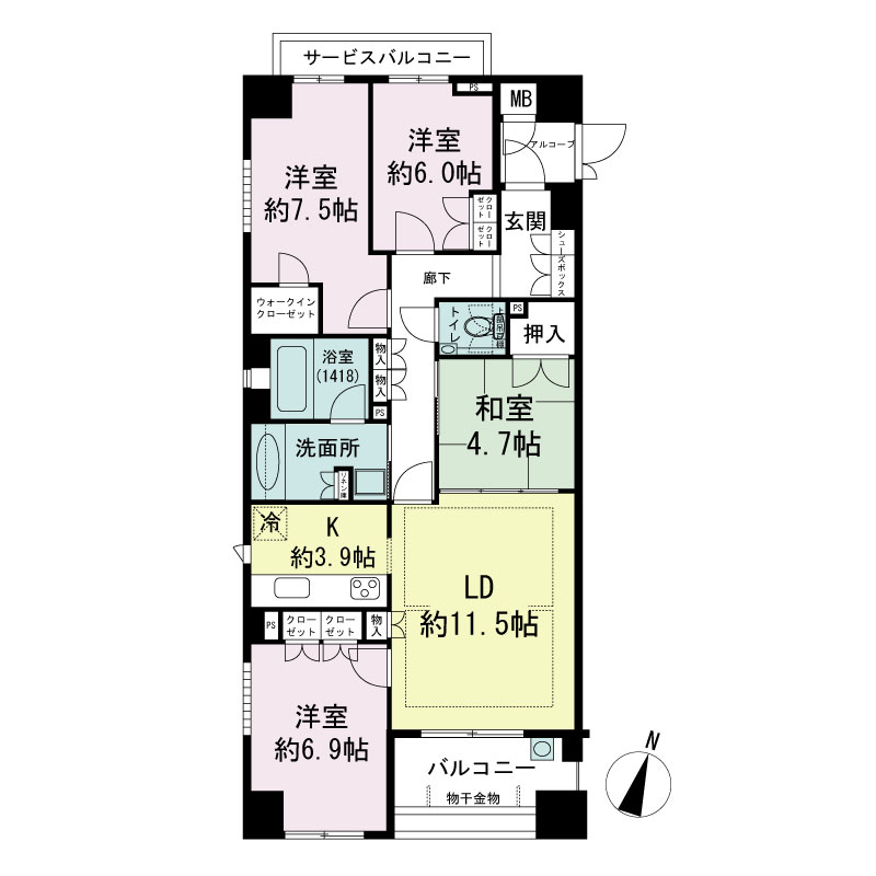 ジークレフ神戸山の手野崎館の間取り図 Aタイプ・4LDK
専有面積91.97m2
バルコニー面積7.44m2
サービスバルコニー面積3.88m2
トランクルーム面積0.51m2