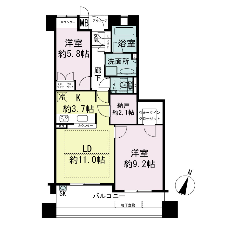 ジークレフ神戸山の手野崎館の間取り図 Bタイプ・2LDK+N
専有面積70.57m2
バルコニー面積12.91m2
室外機置場面積0.80m2
トランクルーム面積0.51m2