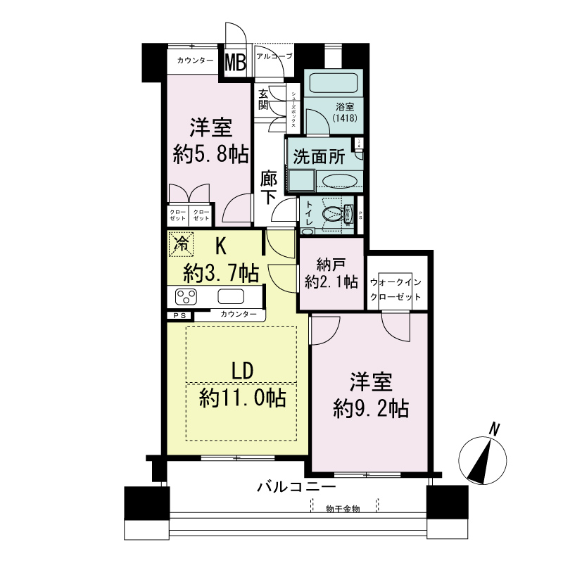 ジークレフ神戸山の手野崎館の間取り図 B6タイプ・2LDK+N
専有面積70.57m2
バルコニー面積8.52m2
室外機置場面積0.80m2
トランクルーム面積0.51m2
