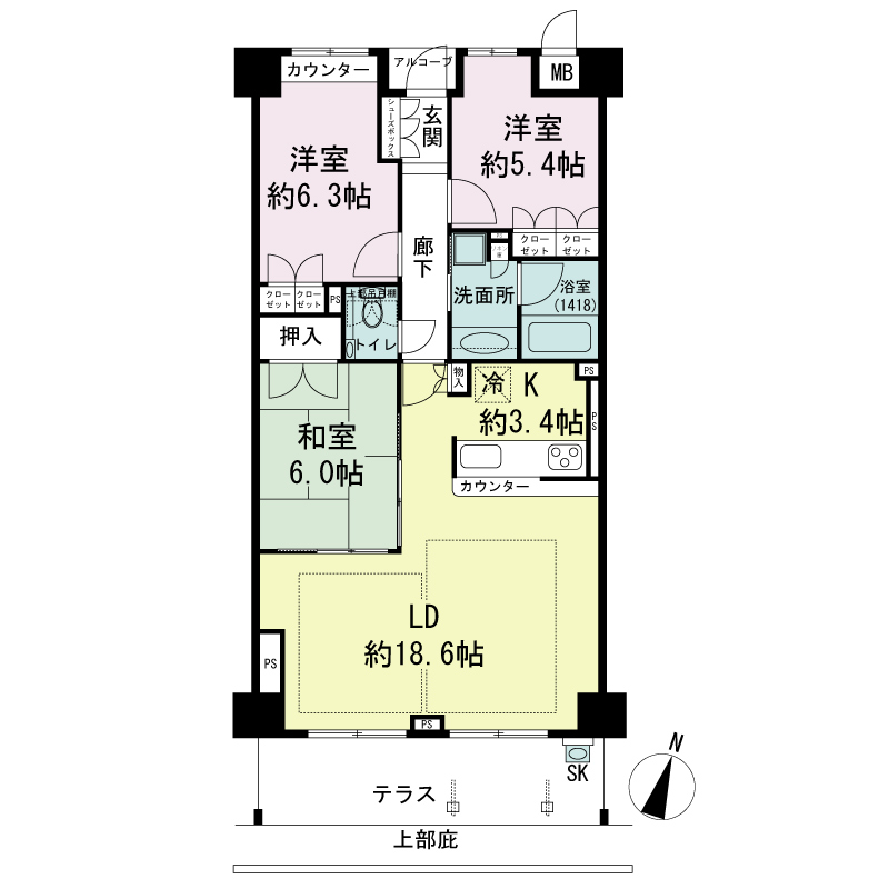 ジークレフ神戸山の手野崎館の間取り図 Dbタイプ・3LDK
専有面積83.76m2
テラス面積17.29m2
室外機置場面積1.23m2
トランクルーム面積0.51m2