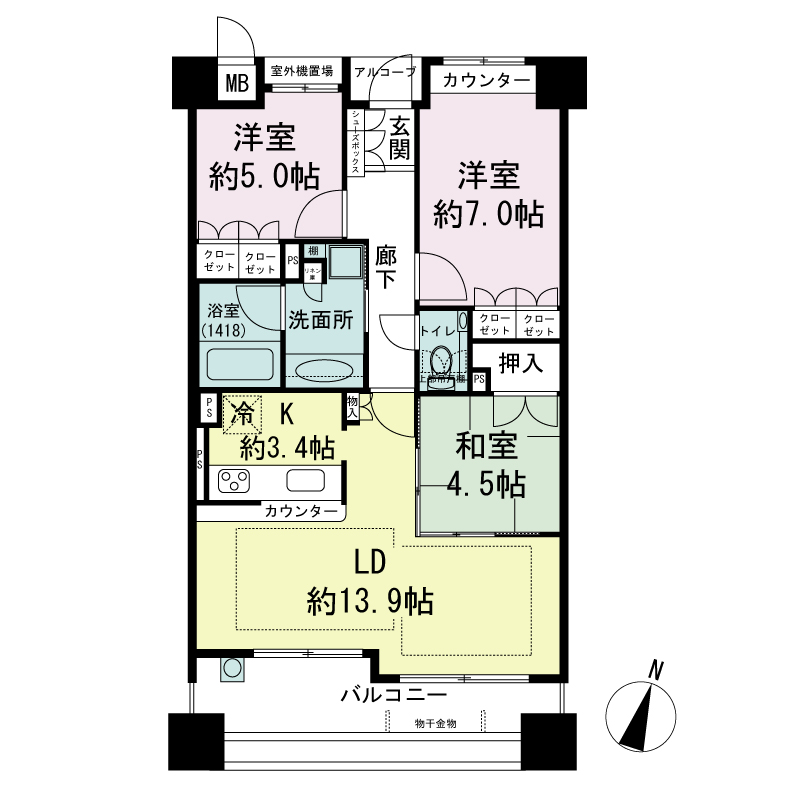 ジークレフ神戸山の手野崎館の間取り図 Eタイプ・3LDK
専有面積74.56m2
バルコニー面積12.12m2
室外機置場面積2.23m2
トランクルーム面積0.51m2