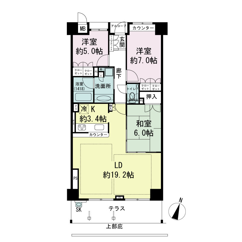 ジークレフ神戸山の手野崎館の間取り図 Ebタイプ・3LDK
専有面積86.68m2
テラス面積18.07m2
室外機置場面積2.23m2
トランクルーム面積0.51m2