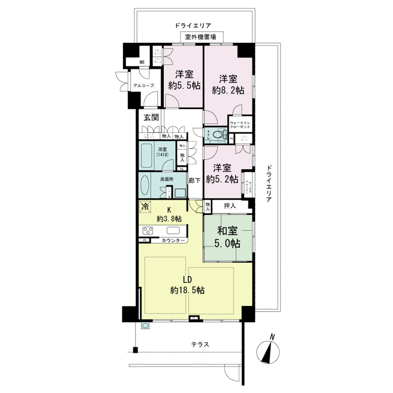 ジークレフ神戸山の手野崎館の間取り図 Fbタイプ・4LDK
専有面積103.82m2
サービスバルコニー面積1.18m2
室外機置場面積2.00m2
テラス面積16.12m2
トランクルーム面積0.51m2