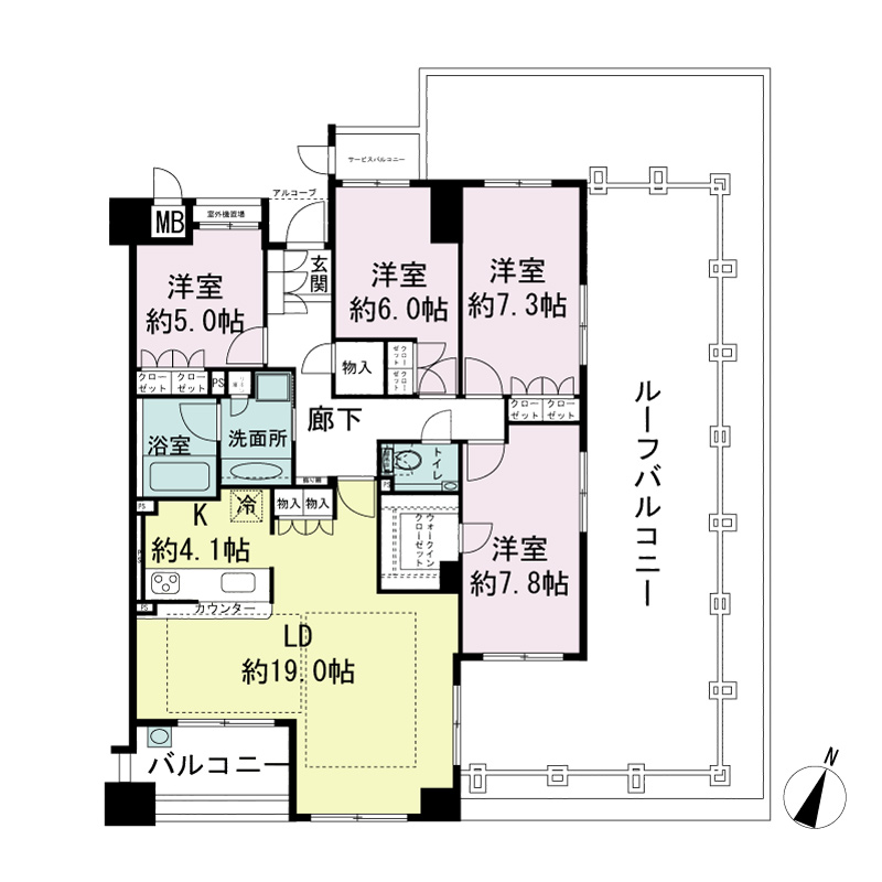 ジークレフ神戸山の手野崎館の間取り図 G5タイプ・4LDK
専有面積109.97m2
バルコニー面積6.80m2
サービスバルコニー面積2.07m2
ルーフバルコニー面積43.42m2
室外機置場面積0.94m2
トランクルーム面積0.51m2