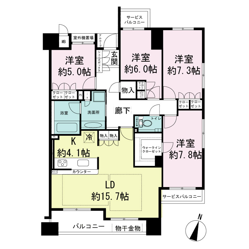 ジークレフ神戸山の手野崎館の間取り図 G6タイプ・4LDK
専有面積104.64m2
バルコニー面積7.95m2
サービスバルコニー面積4.55m2
室外機置場面積0.94m2
トランクルーム面積0.51m2