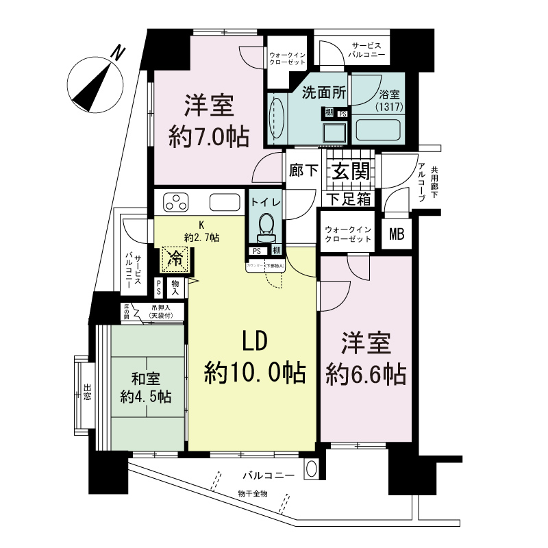 ファミール神戸熊内町グランアクシスの間取り図 Bタイプ・3LDK
専有面積67.92m2
アルコーブ面積1.40m2
バルコニー面積9.43m2
サービスバルコニー面積3.97m2
