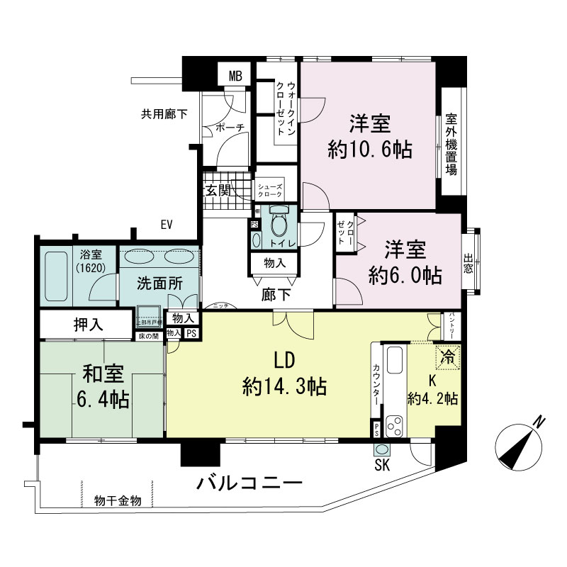 ファミール神戸熊内町グランアクシスの間取り図 Eタイプ・3LDK
専有面積100.00m2
ポーチ面積3.40m2
バルコニー面積19.44m2
室外機置場面積3.40m2