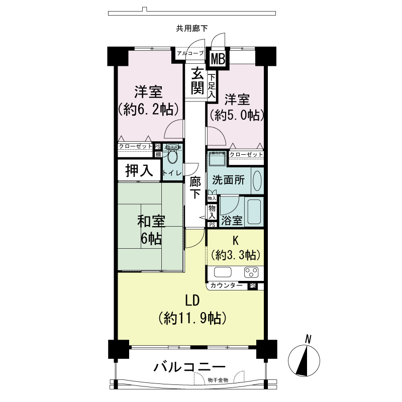 神戸野崎通アーバンライフの間取り図 Bタイプ・3LDK
住戸面積71.64m2
バルコニー面積9.53m2
アルコーブ面積0.70m2