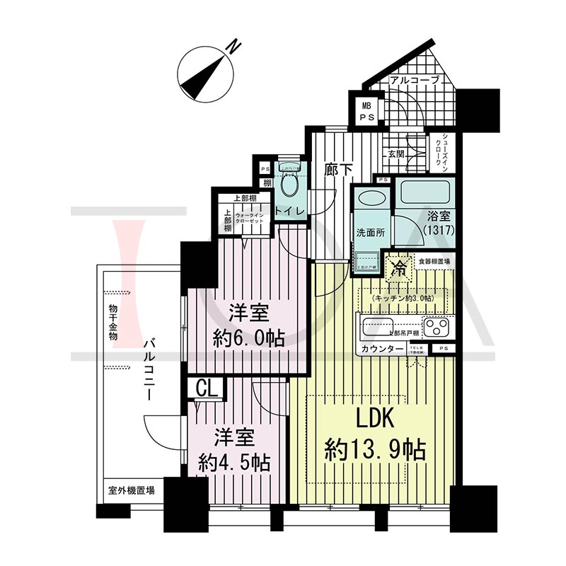 ワコーレ中山手通D.C.(ワコーレ中山手通ディーシー)の間取り図 Aタイプ
全5邸 南東角住戸
2LDK 専有面積55.01m2
バルコニー面積10.00m2
アルコーブ面積2.96m2