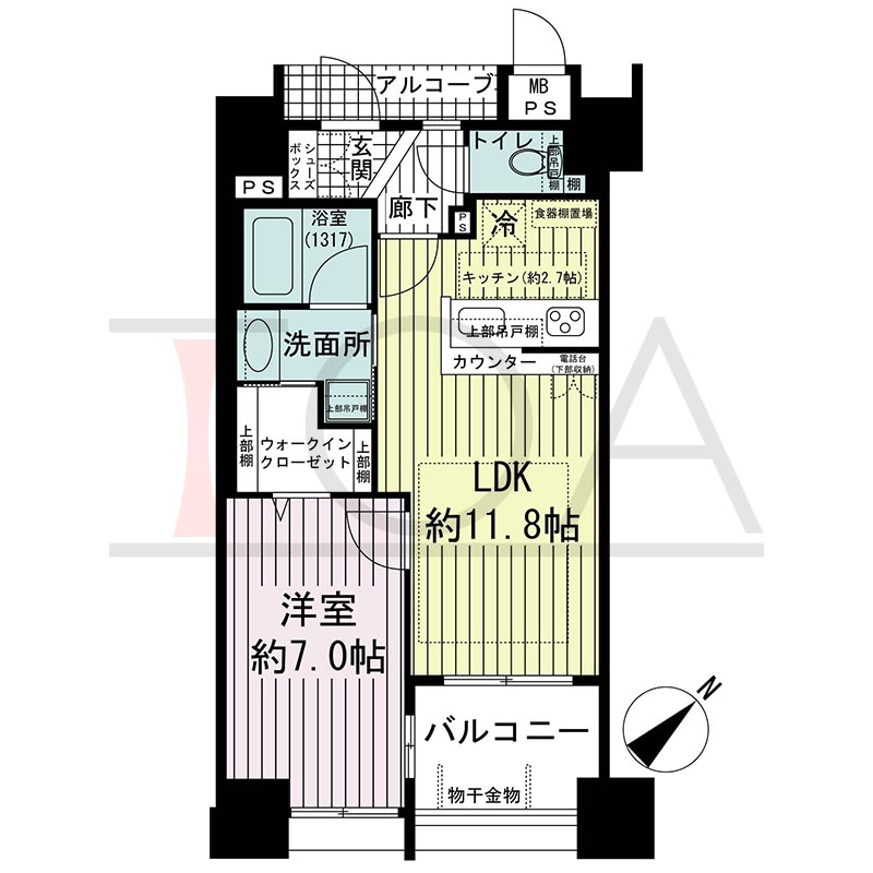 ワコーレ中山手通D.C.(ワコーレ中山手通ディーシー)の間取り図 Bタイプ
全5邸 南東住戸
1LDK 専有面積45.15m2
バルコニー面積4.98m2
アルコーブ面積2.13m2