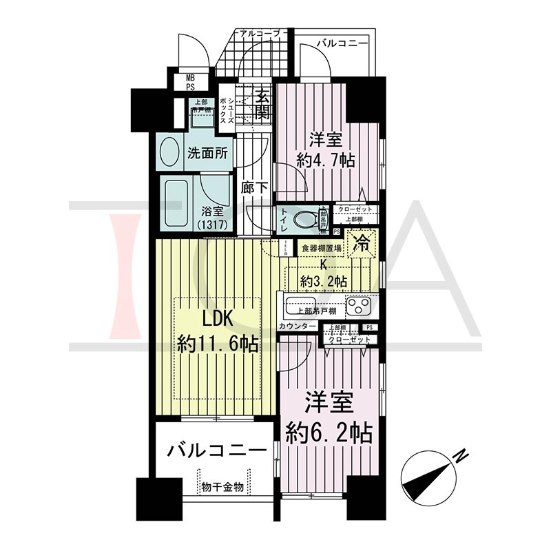 ワコーレ中山手通D.C.(ワコーレ中山手通ディーシー)の間取り図 Cタイプ
全5邸 南東角住戸
2LDK 専有面積50.17m2
バルコニー面積7.77m2
アルコーブ面積2.74m2