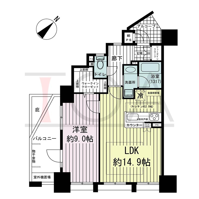 ワコーレ中山手通D.C.(ワコーレ中山手通ディーシー)の間取り図 Dタイプ
全4邸 南東角住戸
1LDK 専有面積55.01m2
バルコニー面積7.84m2
アルコーブ面積2.96m2
