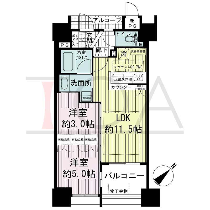 ワコーレ中山手通D.C.(ワコーレ中山手通ディーシー)の間取り図 Eタイプ
全4邸 南東住戸
2LDK 専有面積45.15m2
バルコニー面積4.98m2
アルコーブ面積2.13m2