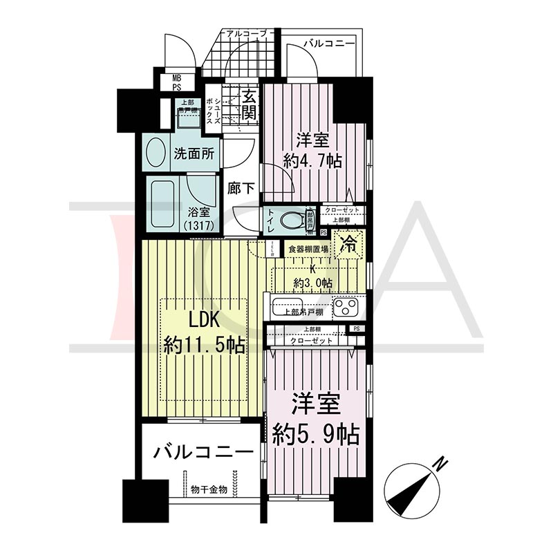 ワコーレ中山手通D.C.(ワコーレ中山手通ディーシー)の間取り図 Fタイプ
全4邸 南東角住戸
2LDK 専有面積50.17m2
バルコニー面積7.77m2
アルコーブ面積2.74m2