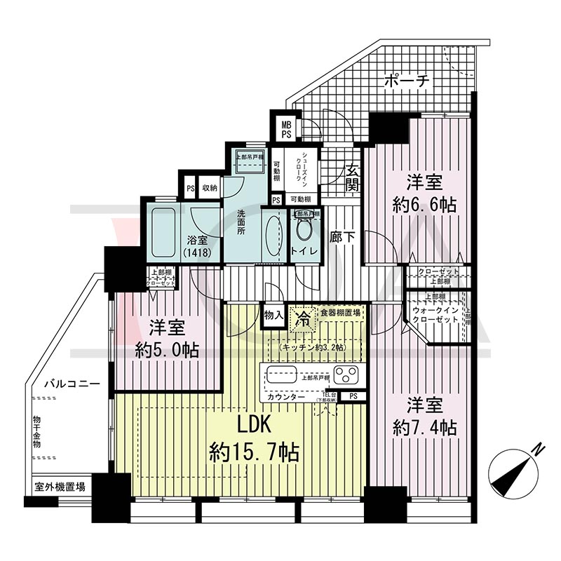 ワコーレ中山手通D.C.(ワコーレ中山手通ディーシー)の間取り図 Gタイプ
1邸 南東角住戸
3LDK 専有面積80.85m2
バルコニー面積7.84m2
ポーチ面積8.55m2