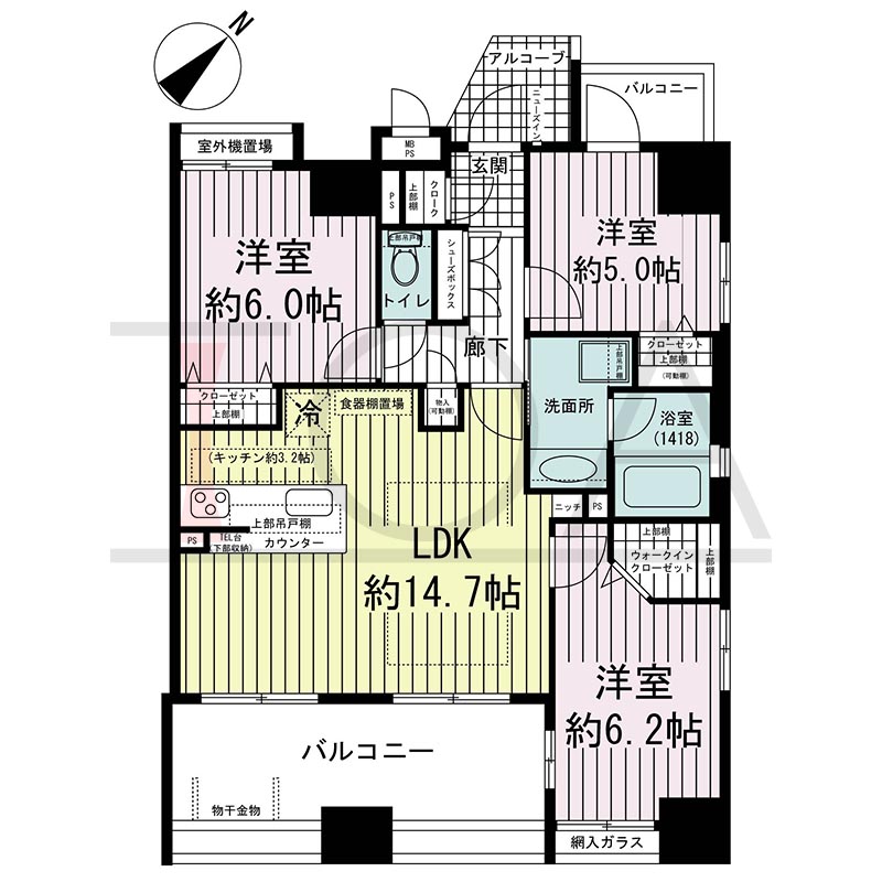 ワコーレ中山手通D.C.(ワコーレ中山手通ディーシー)の間取り図 Hタイプ
1邸 南東角住戸
3LDK 専有面積70.79m2
バルコニー面積12.76m2
アルコーブ面積2.74m2