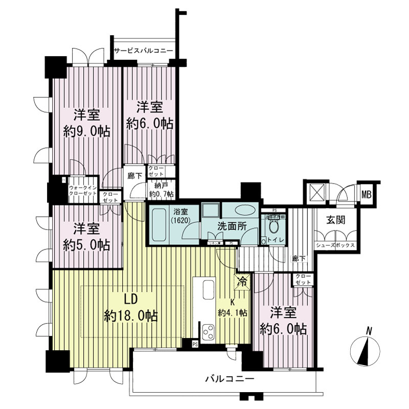 シエリア神戸北野坂の間取り図 Aタイプ・4LDK
専有面積105.23m2
バルコニー面積12.32m2
サービスバルコニー面積2.70m2