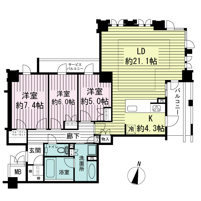 シエリア神戸北野坂の間取り図 Gタイプ・3LDK
専有面積93.39m2
バルコニー面積7.05m2
サービスバルコニー面積4.50m2