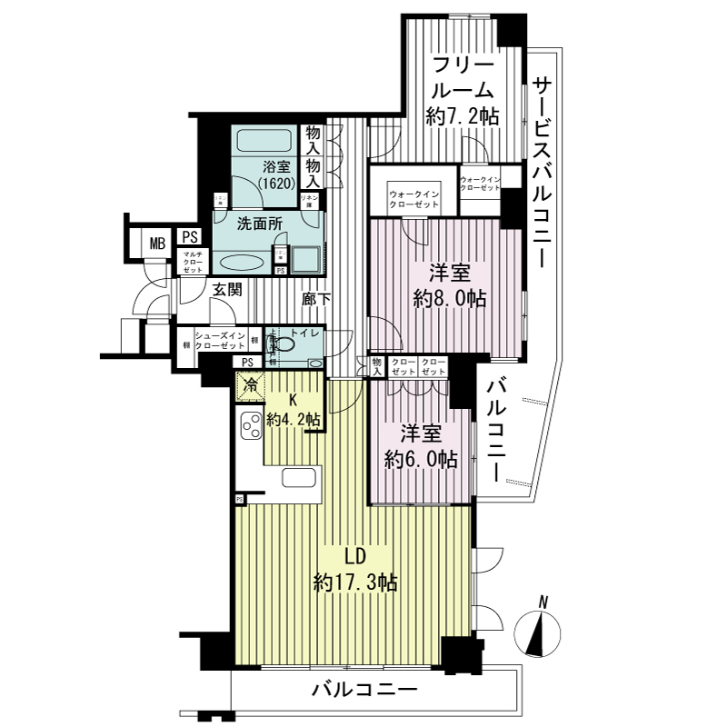 シエリア神戸北野坂の間取り図 Hタイプ・2LDK
専有面積103.05m2
バルコニー面積15.21m2
サービスバルコニー面積4.78m2