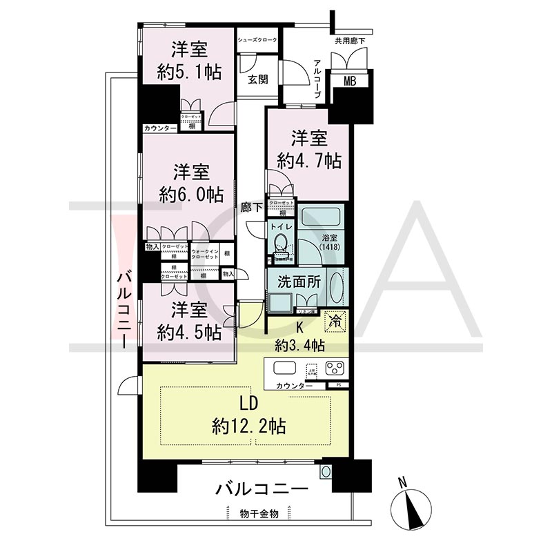 プレミスト神戸ハーバーレジデンスの間取り図 Aタイプ
全14邸　南西角住戸
4LDK　専有面積81.65m2
バルコニー面積26.15m2
アルコーブ面積3.26m2