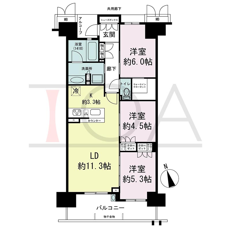 プレミスト神戸ハーバーレジデンスの間取り図 Bタイプ 全14邸　南向き
3LDK　専有面積68.42m2
バルコニー面積10.05m2
アルコーブ面積2.98m2