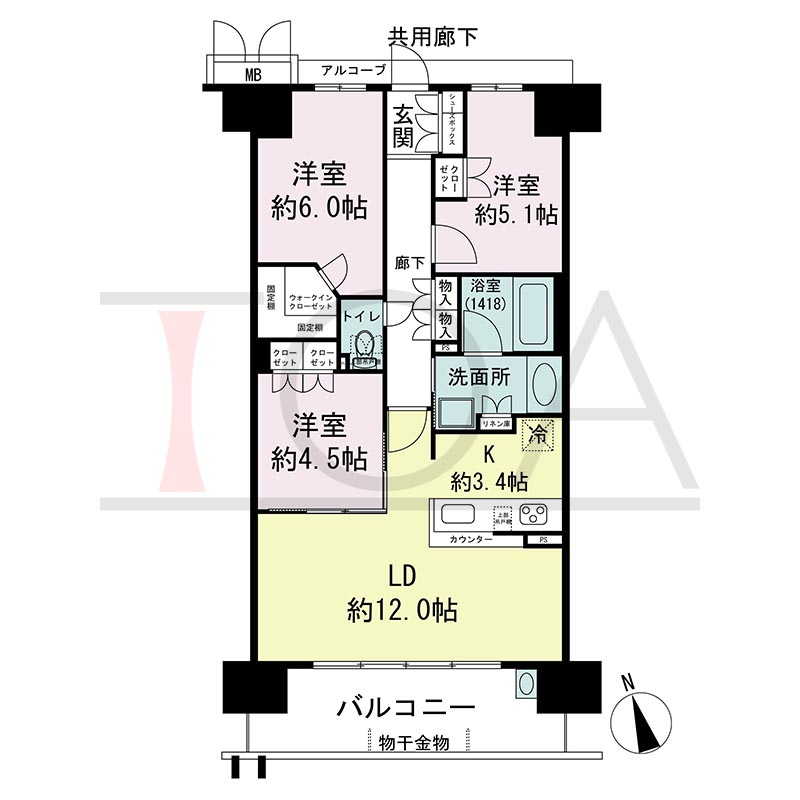 プレミスト神戸ハーバーレジデンスの間取り図 Cタイプ 全14邸　南向き
3LDK　専有面積70.68m2
バルコニー面積11.78m2
アルコーブ面積2.67m2