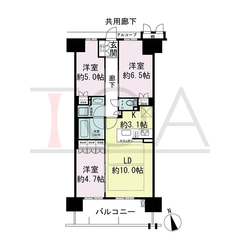 プレミスト神戸ハーバーレジデンスの間取り図 Dタイプ 全14邸　南向き
3LDK　専有面積63.84m2
バルコニー面積10.64m2
アルコーブ面積2.37m2