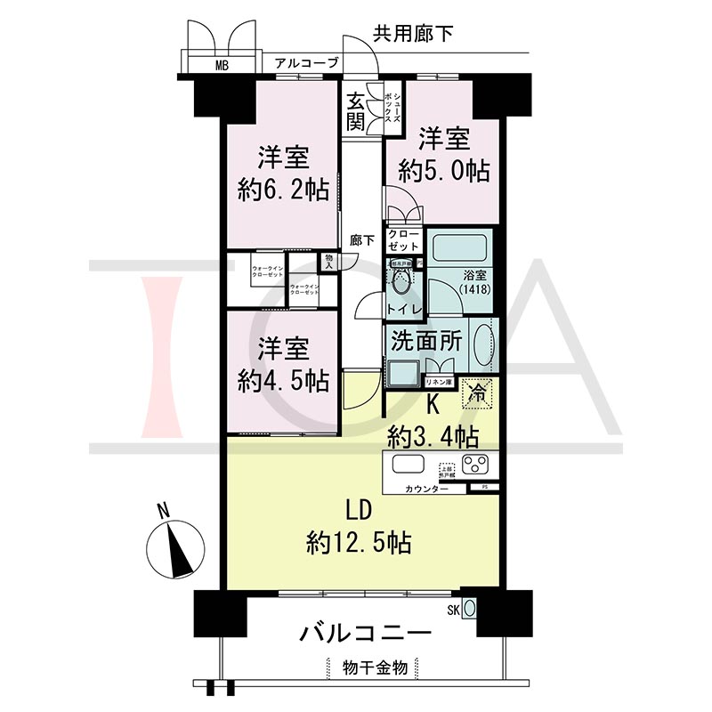 プレミスト神戸ハーバーレジデンスの間取り図 Eタイプ 全14邸　南向き
3LDK　専有面積70.68m2
バルコニー面積11.78m2
アルコーブ面積2.67m2