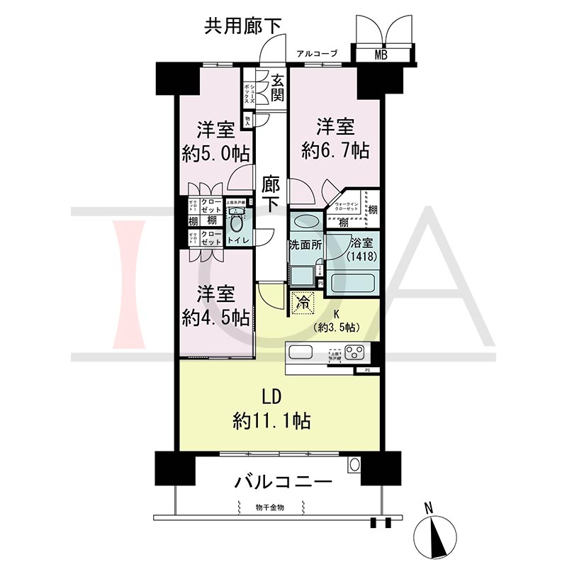 プレミスト神戸ハーバーレジデンスの間取り図 Fタイプ 全14邸　南向き
3LDK　専有面積68.40m2
バルコニー面積11.40m2
アルコーブ面積2.57m2