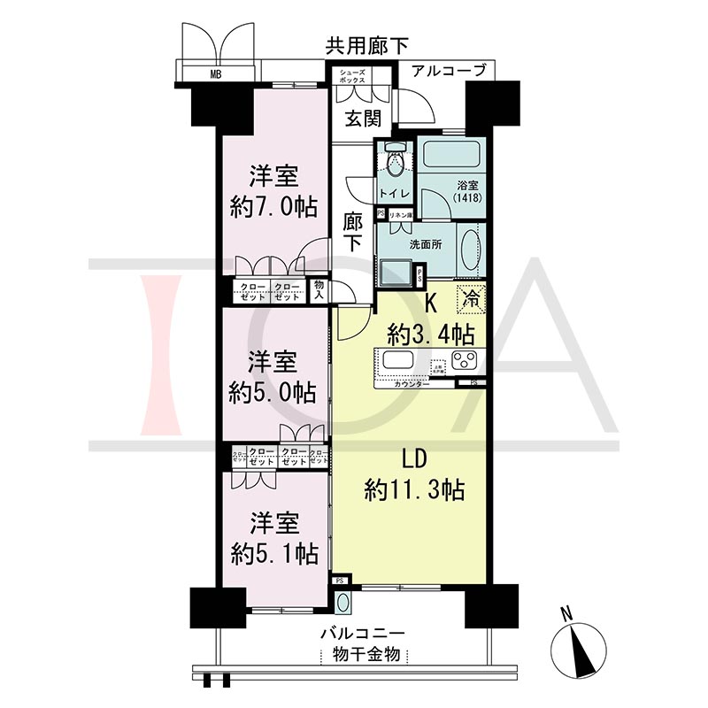 プレミスト神戸ハーバーレジデンスの間取り図 Gタイプ 全14邸　南向き
3LDK　専有面積70.54m2
バルコニー面積10.43m2
アルコーブ面積4.15m2