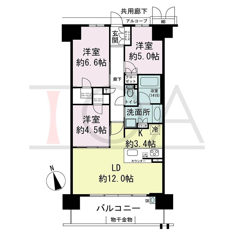 プレミスト神戸ハーバーレジデンスの間取り図 Hタイプ 全14邸　南向き
3LDK　専有面積70.68m2
バルコニー面積11.78m2
アルコーブ面積2.67m2