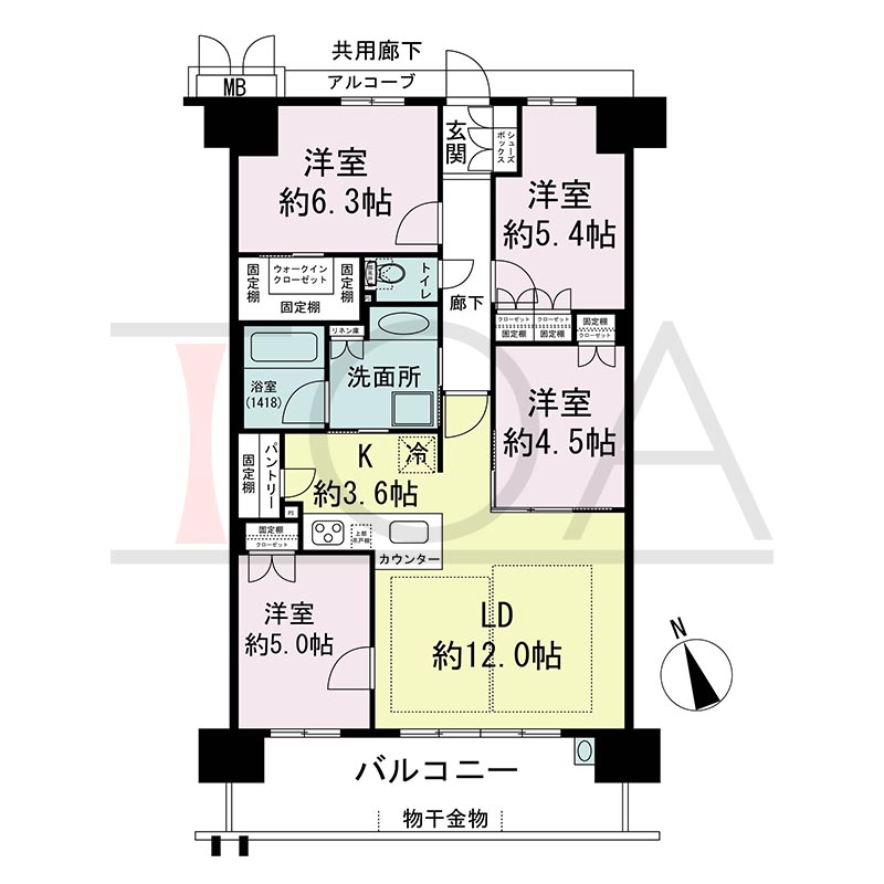 プレミスト神戸ハーバーレジデンスの間取り図 Iタイプ 全14邸　南向き
4LDK　専有面積80.94m2
バルコニー面積13.49m2
アルコーブ面積3.12m2