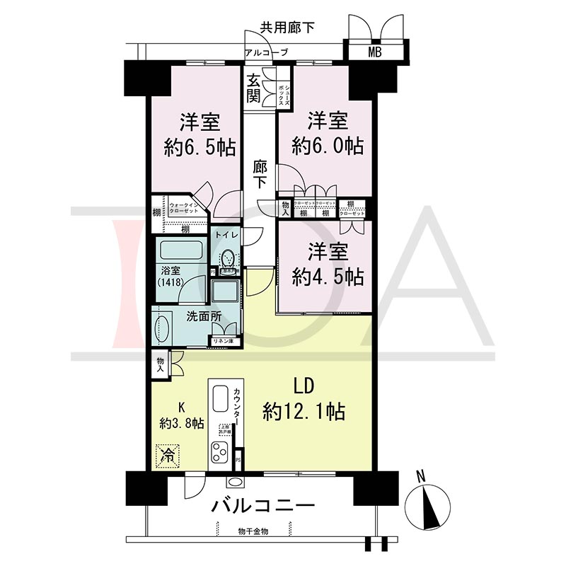 プレミスト神戸ハーバーレジデンスの間取り図 Jタイプ 全14邸　南向き
3LDK　専有面積72.39m2
バルコニー面積12.06m2
アルコーブ面積2.75m2