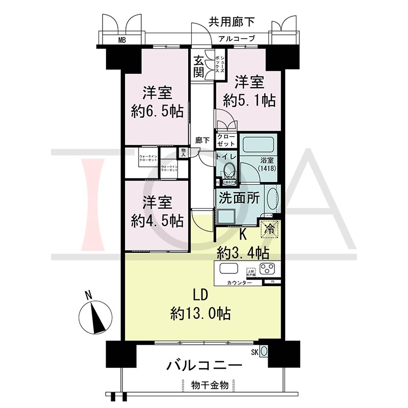 プレミスト神戸ハーバーレジデンスの間取り図 Kタイプ 全14邸　南向き
3LDK　専有面積72.39m2
バルコニー面積12.06m2
アルコーブ面積2.45m2