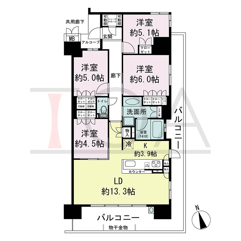 プレミスト神戸ハーバーレジデンスの間取り図 Lタイプ 全14邸　南向き
4LDK　専有面積85.69m2
バルコニー面積27.37m2
アルコーブ面積2.65m2