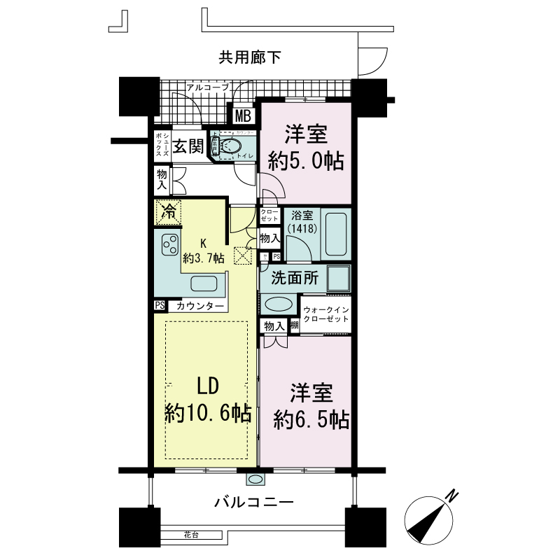 ローレルコート神戸海岸通の間取り図 Dタイプ
全14邸
2LDK 専有面積58.81m2
バルコニー面積10.21m2
アルコーブ面積4.51m2
メーターボックス面積0.47m2