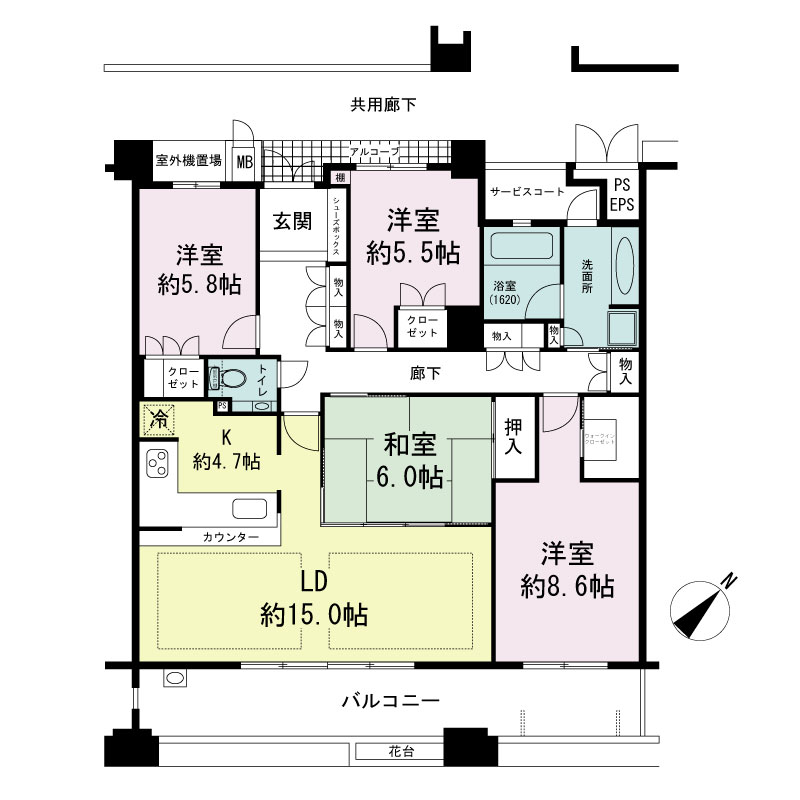 ローレルコート神戸海岸通の間取り図 Gタイプ
全1邸
4LDK 専有面積107.12m2
バルコニー面積18.10m2
アルコーブ面積2.51m2
サービスコート面積2.75m2
室外機置場面積1.70m2
メーターボックス面積0.51m2