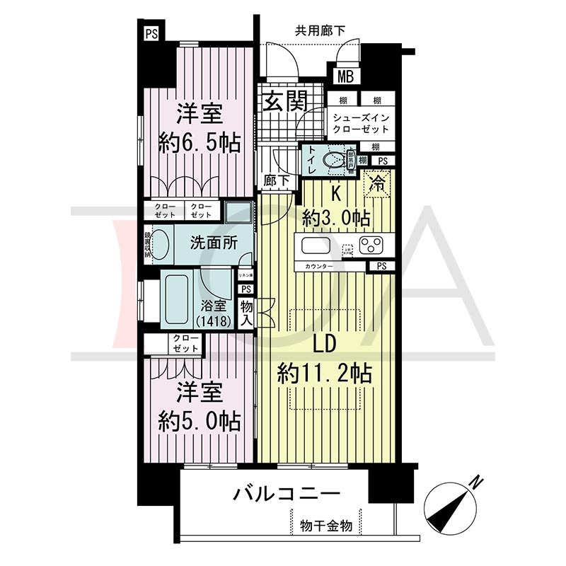ブランズ神戸元町通の間取り図 全12邸　東南向き角部屋
2LDK　専有面積60.22m2
バルコニー面積9.56m2